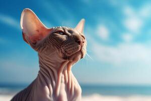 Portrait of a Sphynx cat with blue sky background. photo