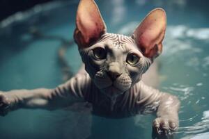 Portrait of a Sphynx cat in a swimming pool. photo