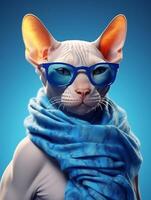 Beautiful Sphynx wearing glasses on blue background. photo