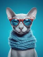 Beautiful Sphynx wearing glasses on blue background. photo