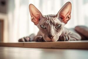 linda sphynx gato acostado en mesa. generativo ai foto