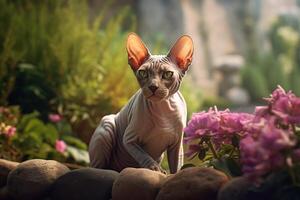 portrait of a sphynx cat with flowers in the background. photo