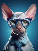 Beautiful Sphynx wearing glasses on blue background. photo