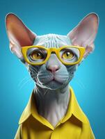 Funny cat with yellow glasses on blue background. photo