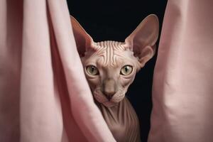 Close-up of a Sphynx cat hiding under a blanket. photo