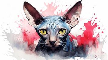 Watercolor portrait of a sphinx cat. Hand-drawn illustration. photo