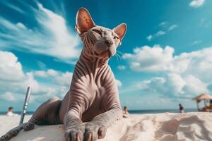 Portrait of a Sphynx cat with blue sky background. photo