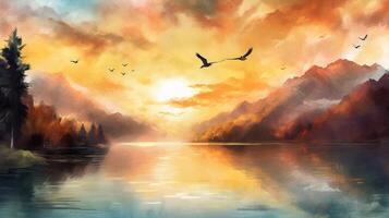 Fantasy landscape with mountains, lake and birds. Digital painting. generative ai photo