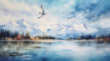 Watercolor painting of a lake and mountains with birds flying in the blue sky. generative ai photo