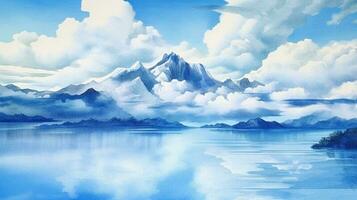 acuarela pintura de un lago y montañas con aves volador en el azul cielo. generativo ai foto