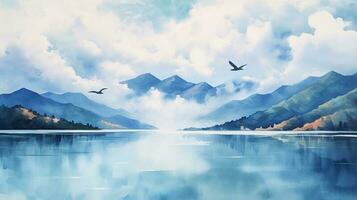 acuarela pintura de un lago y montañas con aves volador en el azul cielo. generativo ai foto