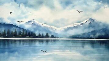 Watercolor painting of a lake and mountains with birds flying in the blue sky. generative ai photo