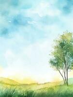 Watercolor summer landscape with trees and meadow.  generative ai photo