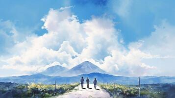 Digital watercolor painting of a group of hikers walking on a mountain trail. photo