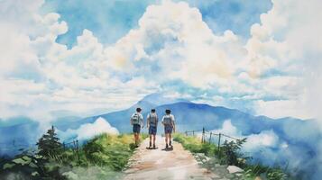 Digital watercolor painting of a group of hikers walking on a mountain trail. photo