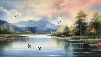 Digital painting of a mountain landscape with a lake and a flock of birds. generative ai photo