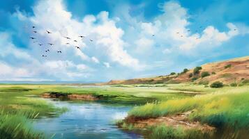 Digital painting of a mountain landscape with a lake and a flock of birds. photo