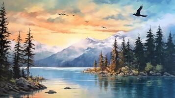 Digital painting of a mountain landscape with a lake and a flock of birds. photo