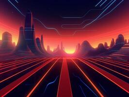 Futuristic city landscape in the 80s style. Vector illustration photo