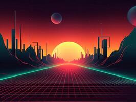 Futuristic city landscape in the 80s style. Vector illustration photo