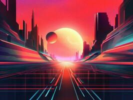 Futuristic city landscape in the 80s style. Vector illustration photo