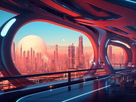 Futuristic city landscape in the 80s style. Vector illustration photo