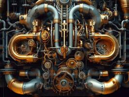 Steampunk mechanism with gears and cogwheels on a dark background photo