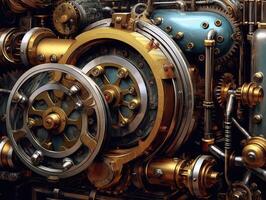 Steampunk mechanism with gears and cogwheels on a dark background photo