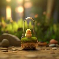 Fantasy landscape with a cute one in a glass bulb. 3d rendering photo