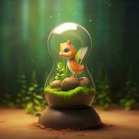 Fantasy landscape with a cute one in a glass bulb. 3d rendering photo