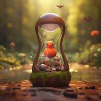 Fantasy landscape with a cute one in a glass bulb. 3d rendering photo