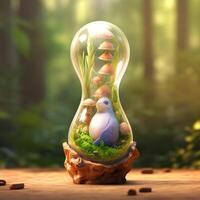 Fantasy landscape with a cute one in a glass bulb. 3d rendering photo