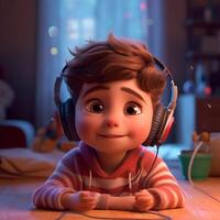 little boy with cute expression, innocent and adorable is enjoying music from headphone photo