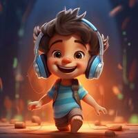 little boy with cute expression, innocent and adorable is enjoying music from headphone photo