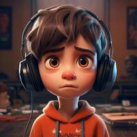 little boy with cute expression, innocent and adorable is enjoying music from headphone photo