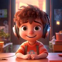 little boy with cute expression, innocent and adorable is enjoying music from headphone photo