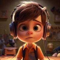 little boy with cute expression, innocent and adorable is enjoying music from headphone photo