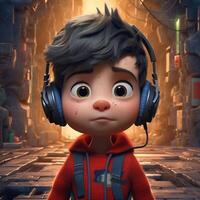 little boy with cute expression, innocent and adorable is enjoying music from headphone photo