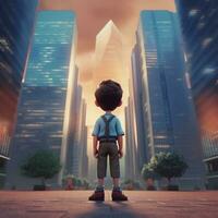 cute little guy around the skyscraper in animation photo