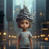 cute little girl wearing crown form building on her head and she is standing around the skyscraper in animation photo