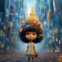 cute little girl wearing crown form building on her head and she is standing around the skyscraper in animation photo