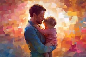 Illustration of a father holds and hugs his child in watercolor style photo