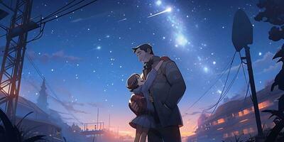 a father holds and hugs his little girl at night in anime style photo