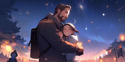 a father holds and hugs his little girl at night in anime style photo