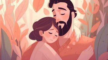 Illustration of a father hugs his daughter in a warm and heartfelt hug in cartoon style photo