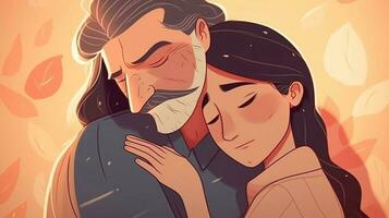 Illustration of a father hugs his daughter in a warm and heartfelt hug in cartoon style photo