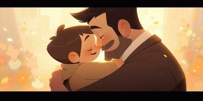 Illustration of a father hugs his son in a warm and heartfelt hug in cartoon style photo