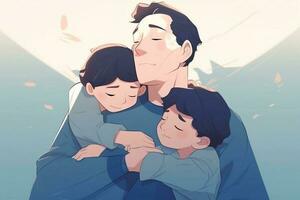 ilustración de un padre abrazos su hijos en un calentar y sentido abrazo en dibujos animados estilo foto