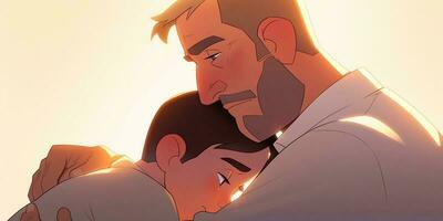 ilustración de un padre abrazos su hijo en un calentar y sentido abrazo en dibujos animados estilo foto