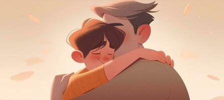 Illustration of a father hugs his son in a warm and heartfelt hug in cartoon style photo